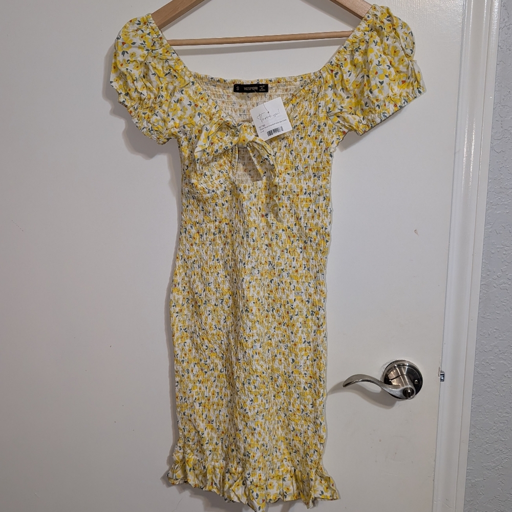 Yellow Floral Smocked Midi Dress Puff Sleeve Tie Front Cottagecore Size S